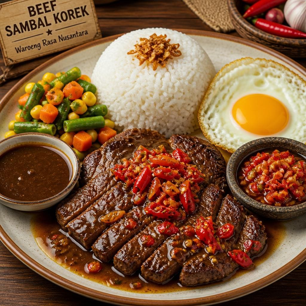 Beef Sambal Korek dengan steak daging sapi, nasi, telur ceplok, dan mix vegetable